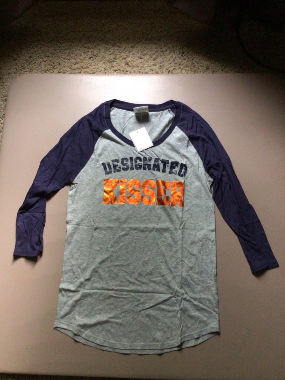 PINK Victoria's Secret Gray & Navy 'Designated Kisser' Raglan Tee